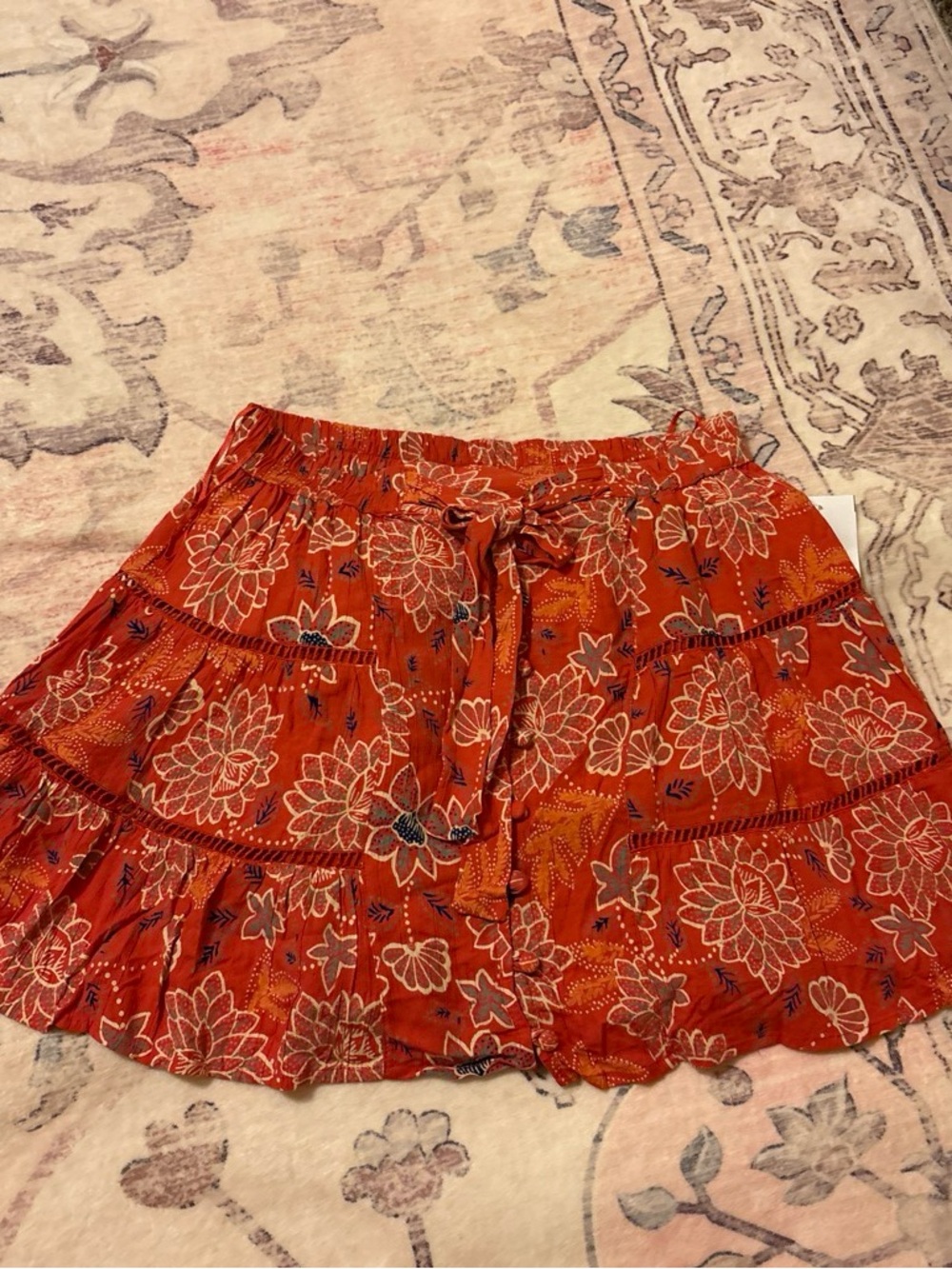 Angie’s Womens Floral Tiered Orange Skirt with Waist Tie